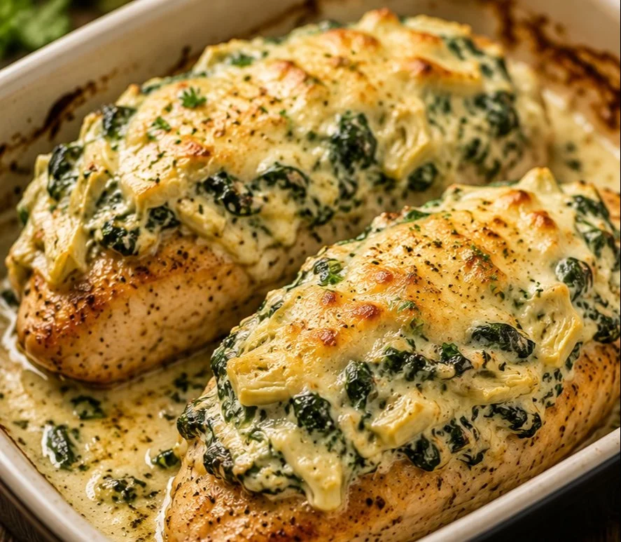 Creamy Spinach Artichoke Chicken served on a plate with fresh garnish