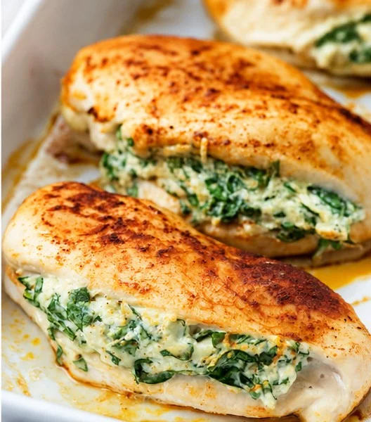 Juicy spinach stuffed chicken breast sliced on a plate for a nutritious meal.