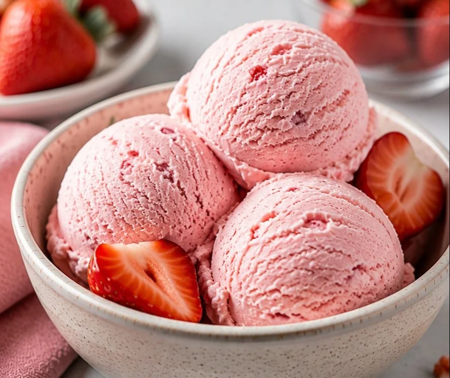 Delicious bowl of homemade strawberry ice cream topped with fresh strawberries