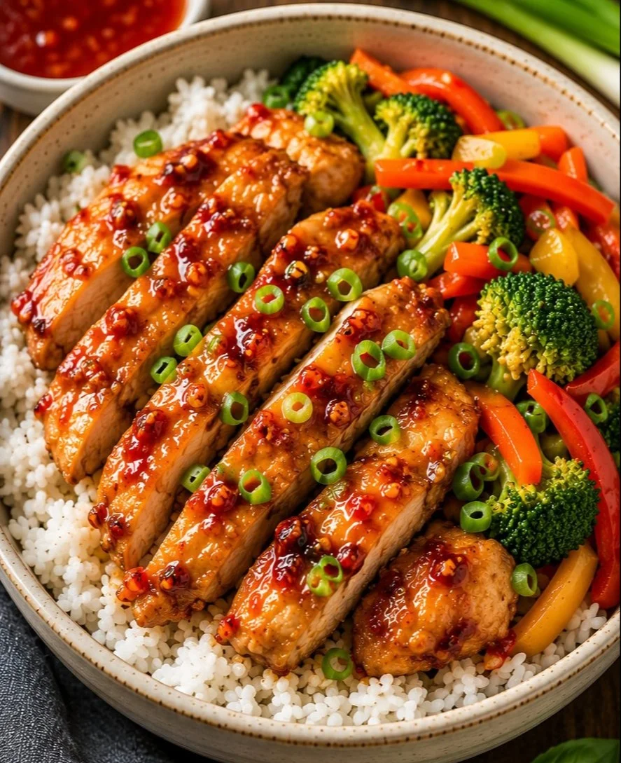 Sweet Chili Chicken Rice Bowls served with fresh vegetables and rice