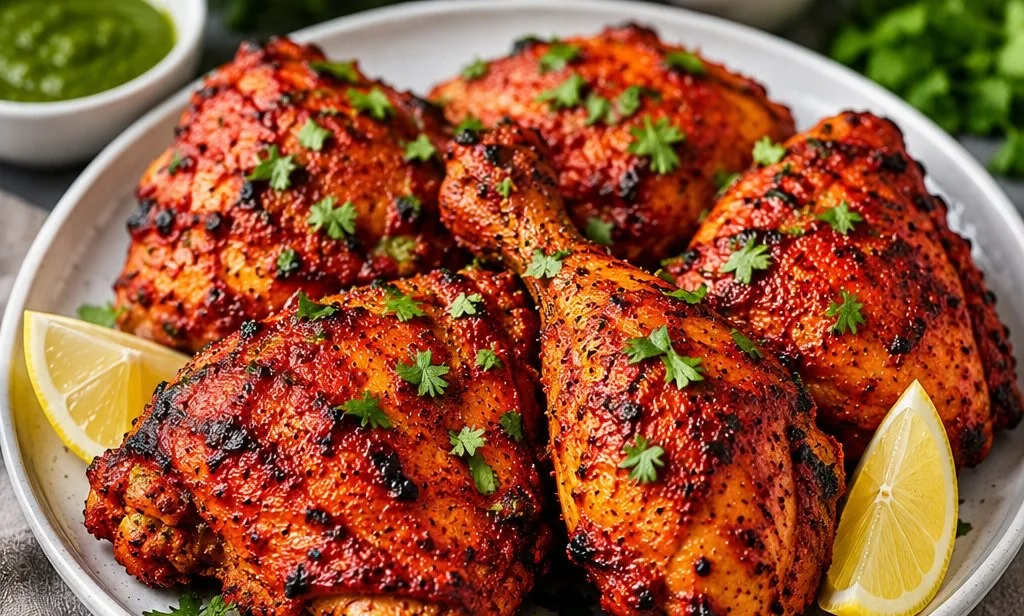 Juicy Tandoori Chicken marinated in spices, served on a grill.