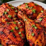 Delicious Tandoori Chicken served with fresh herbs and spices on a plate.