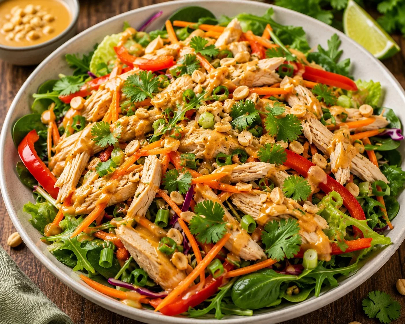 Colorful Thai Chicken Salad with fresh vegetables and chicken in a bowl