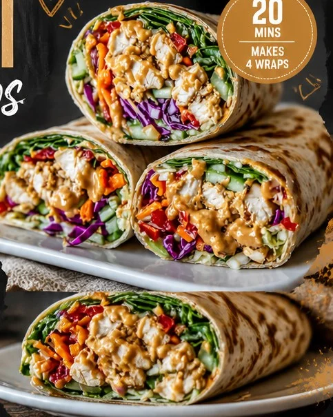 Thai Peanut Chicken Wrap filled with chicken, fresh vegetables, and peanut sauce