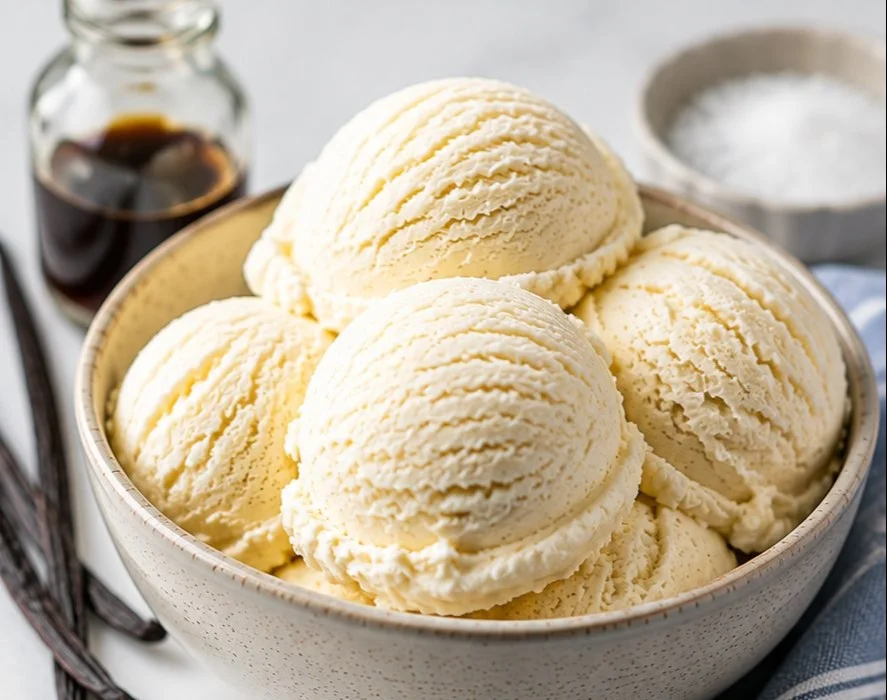 Delicious bowl of creamy vanilla ice cream topped with fresh strawberries