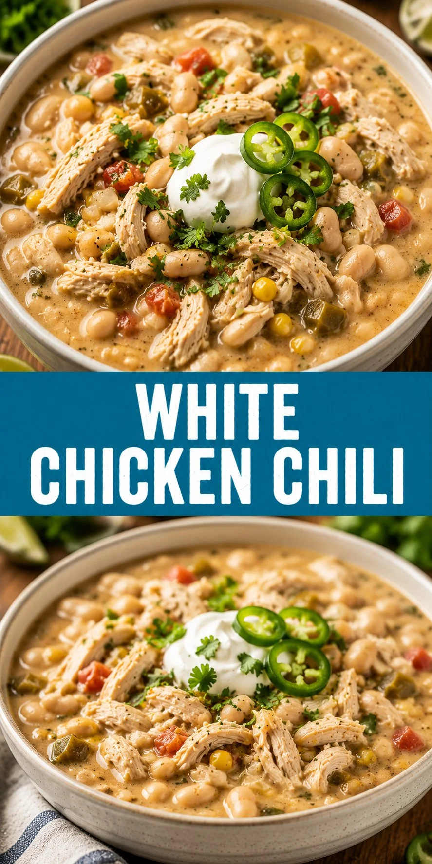 Bowl of creamy white chicken chili topped with cilantro and jalapeños