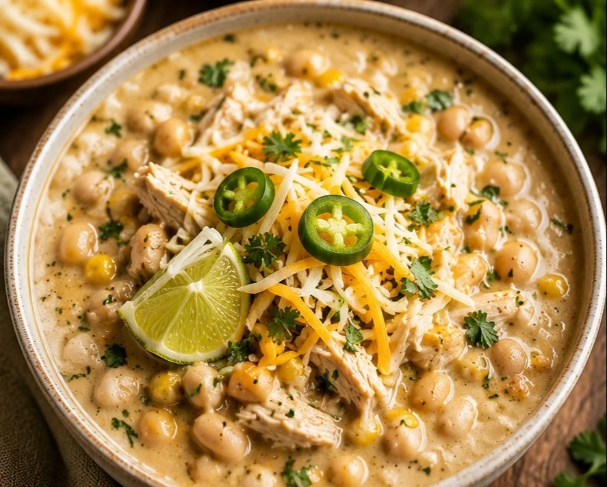 Creamy white chicken chili garnished with cilantro and lime in a bowl.