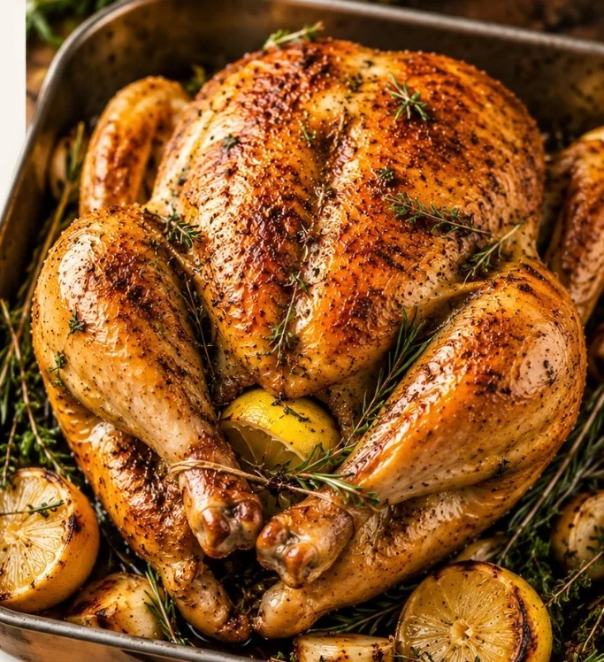 Delicious whole roasted chicken served on a platter with herbs and spices