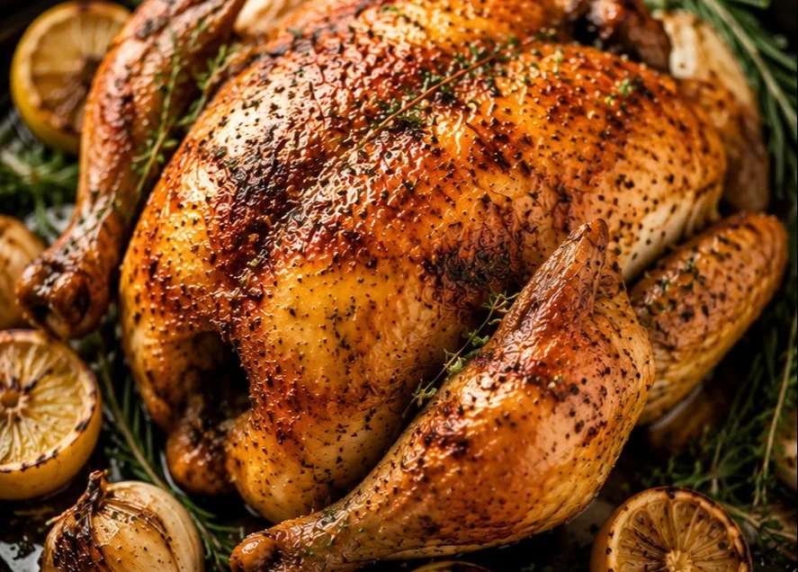 Juicy whole roasted chicken with crispy skin on a platter