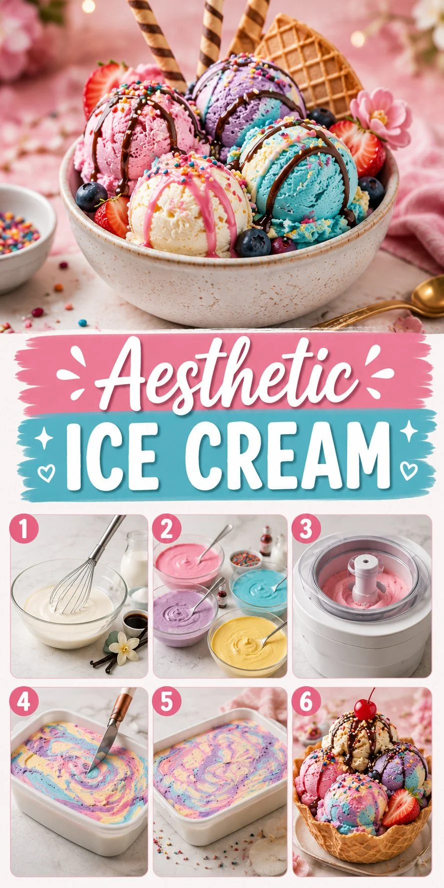 Aesthetic ice cream with vibrant colors and artistic toppings in a stylish setting.