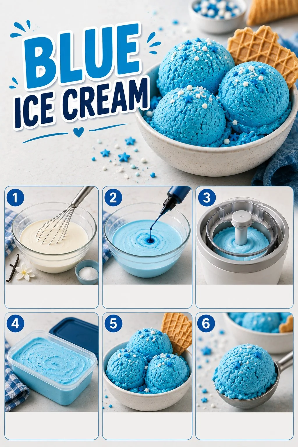 Delicious blue ice cream served in a cone on a sunny day