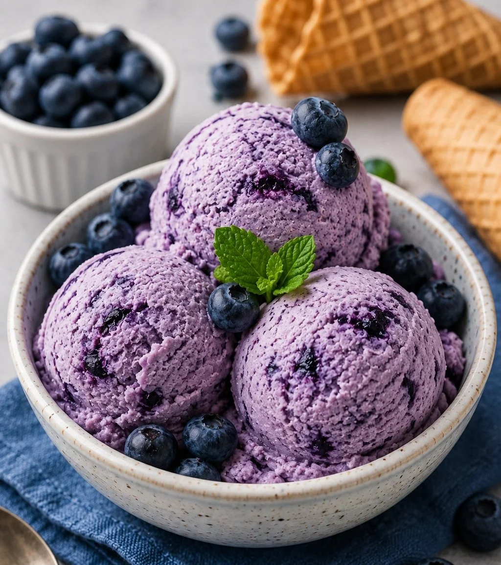Delicious homemade blueberry ice cream in a bowl with fresh berries on top