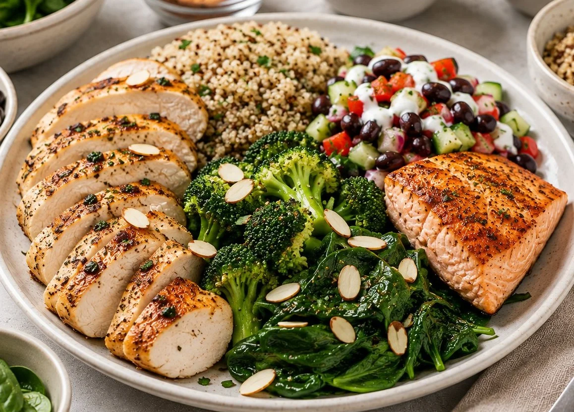 A variety of clean eating high protein recipes displayed on a wooden table