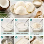 Delicious scoop of coconut ice cream in a bowl with fresh coconut pieces