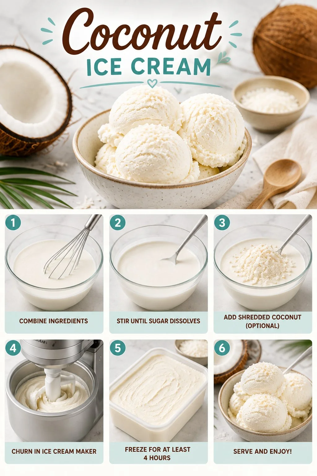 Delicious scoop of coconut ice cream in a bowl with fresh coconut pieces