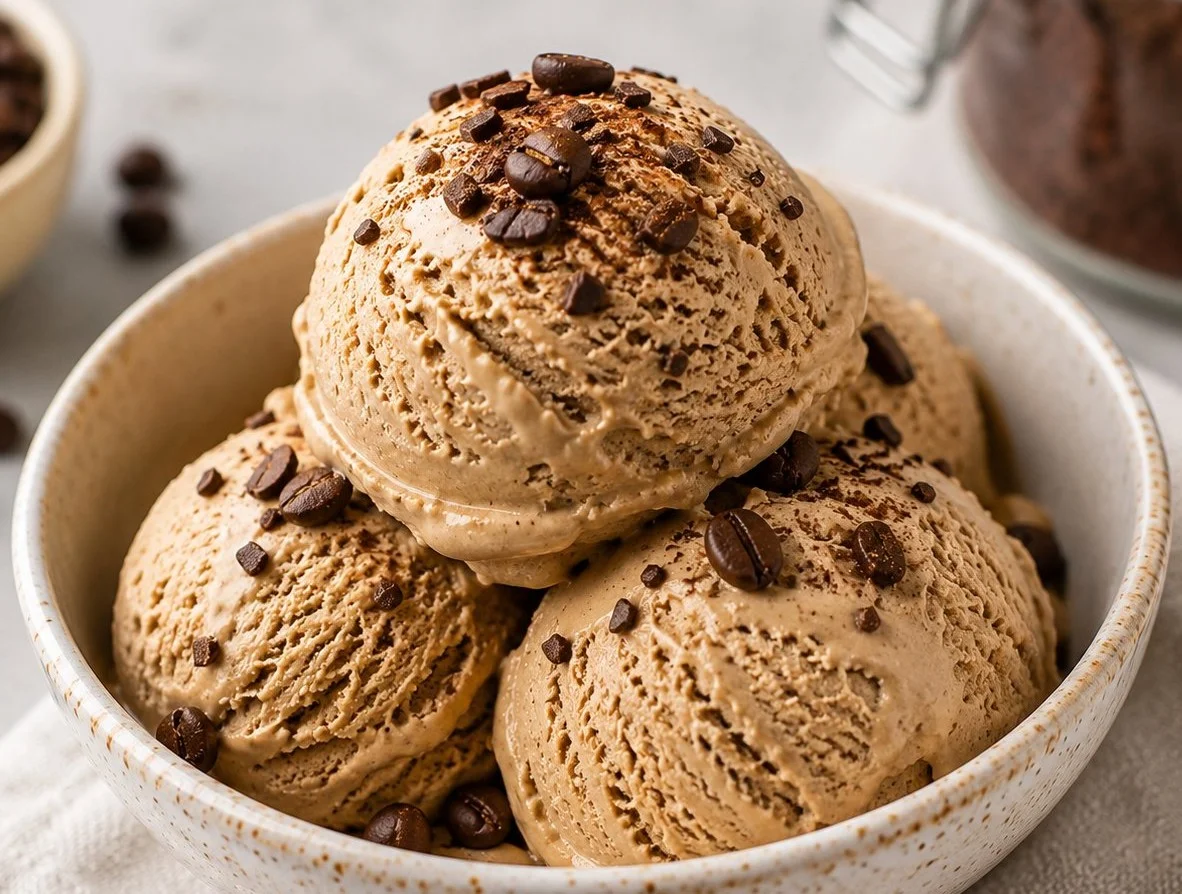Delicious coffee ice cream served in a bowl with coffee beans around it