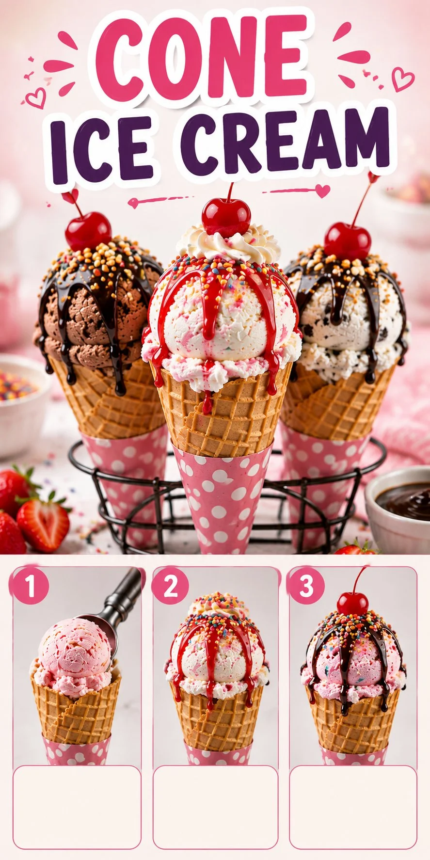 Delicious cone ice cream topped with colorful sprinkles in a crispy cone