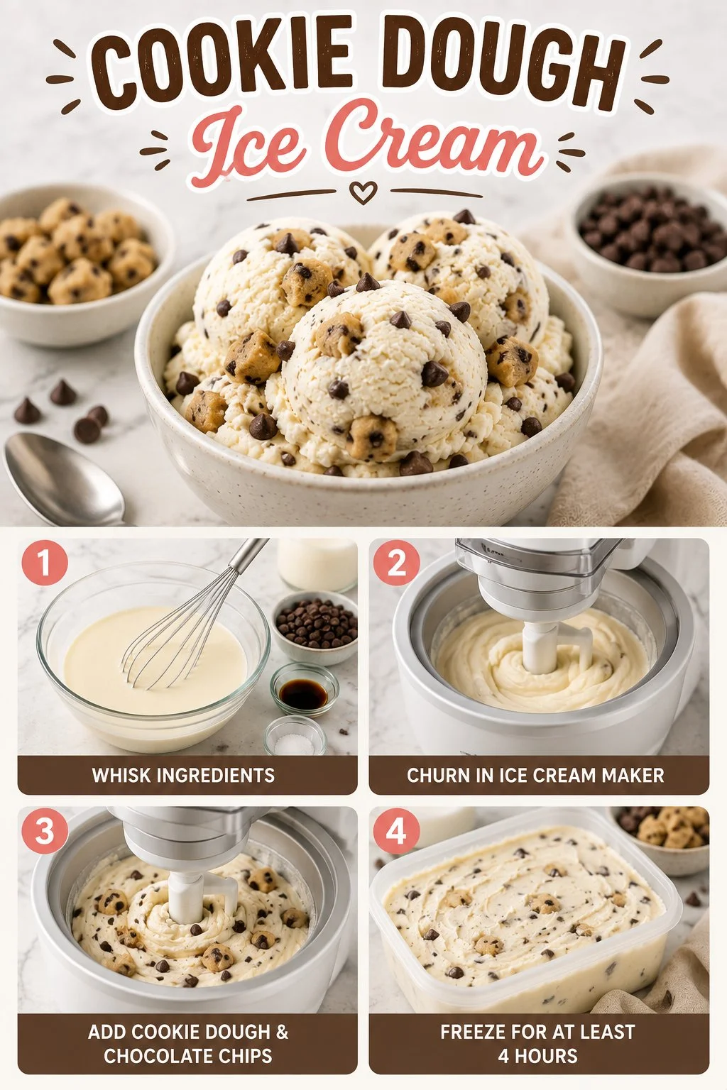 Delicious cookie dough ice cream topped with chocolate chips in a bowl