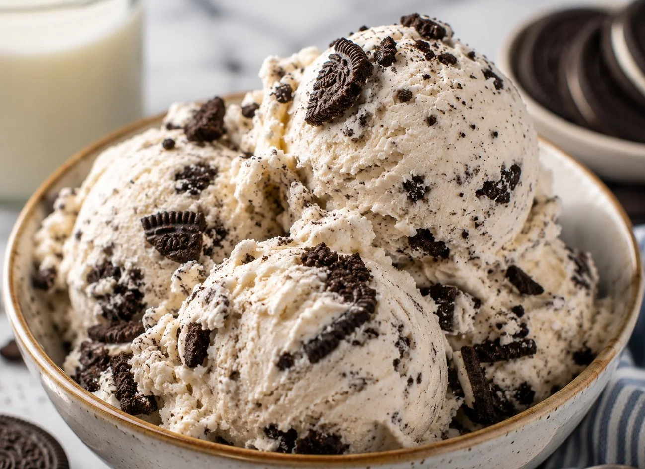 Bowls of creamy Cookies and Cream Ice Cream with chocolate cookie chunks