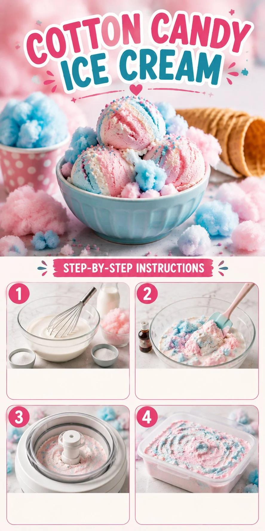 Delicious cotton candy ice cream in a vibrant cone, perfect for summer treats.