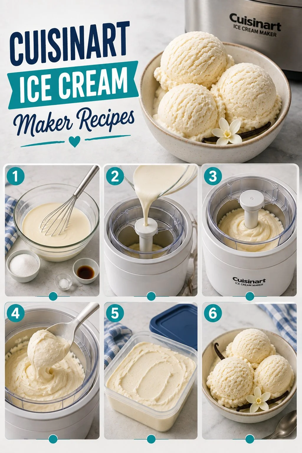 Cuisinart ice cream maker with bowls full of homemade ice cream recipes