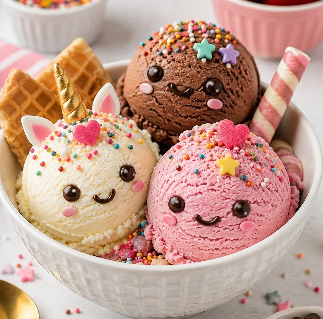 Cute ice cream cones decorated with colorful toppings and sprinkles