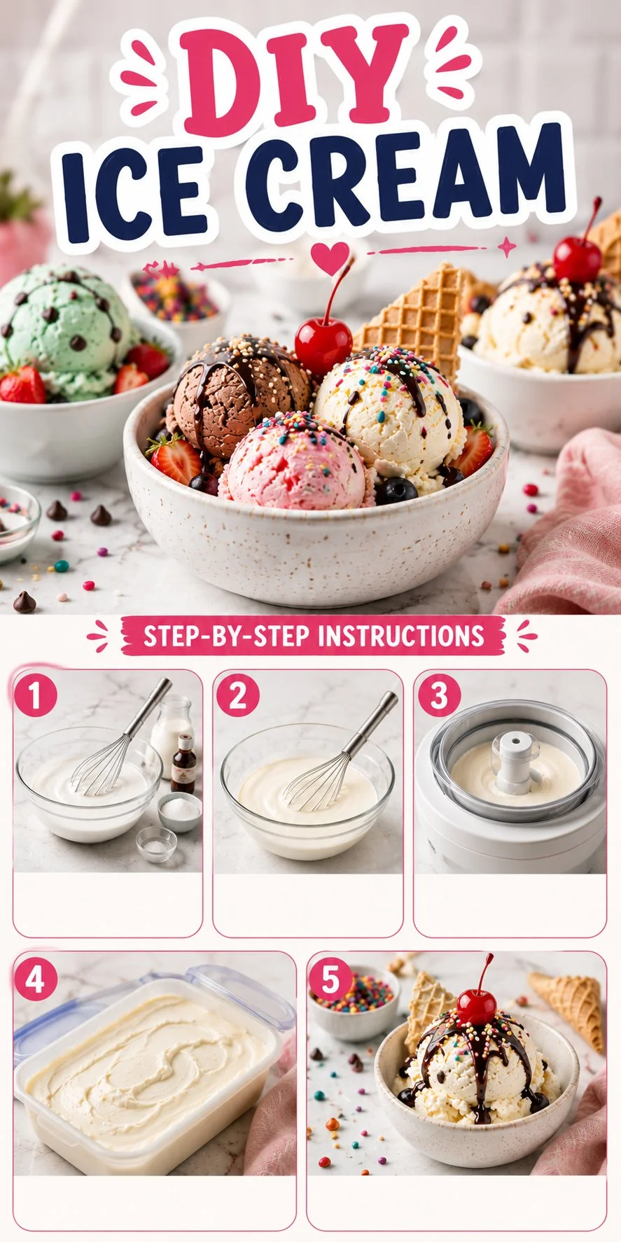 Homemade ice cream in a bowl with colorful toppings