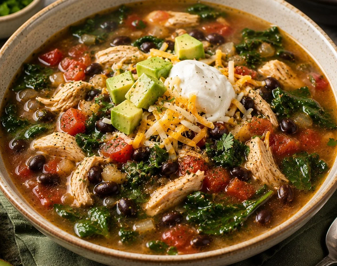Bowl of easy high protein soup filled with vegetables and legumes