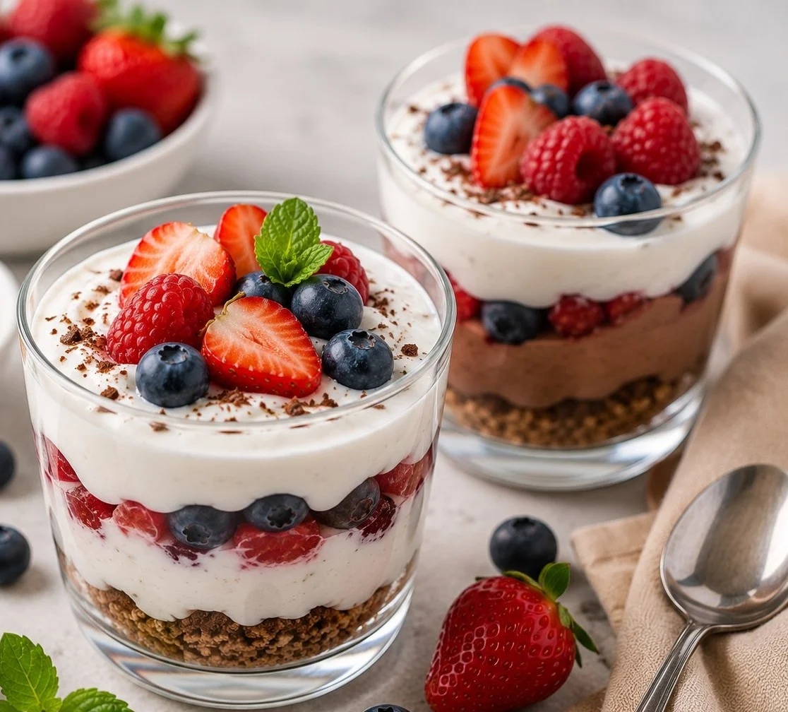 A selection of easy low calorie desserts on a wooden table.