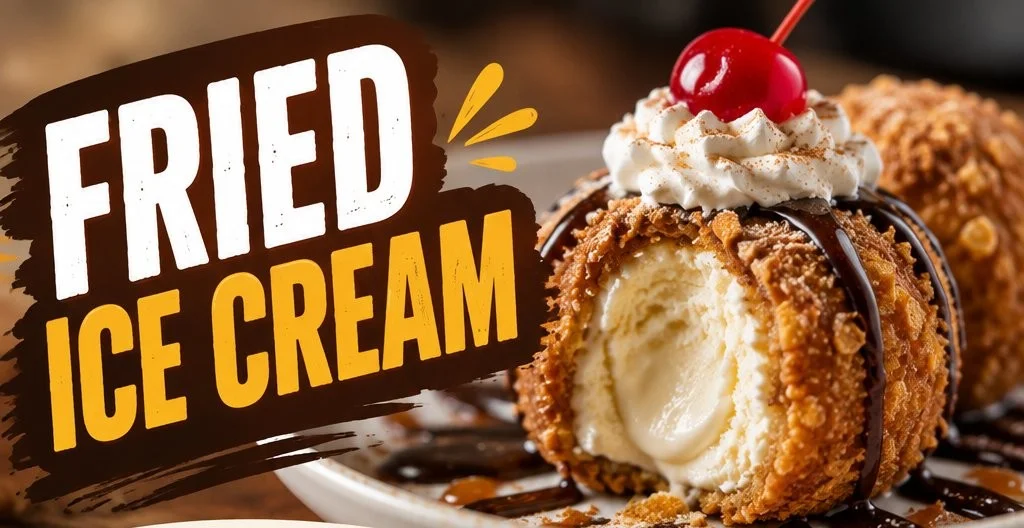 Delicious fried ice cream dessert served with chocolate sauce and toppings