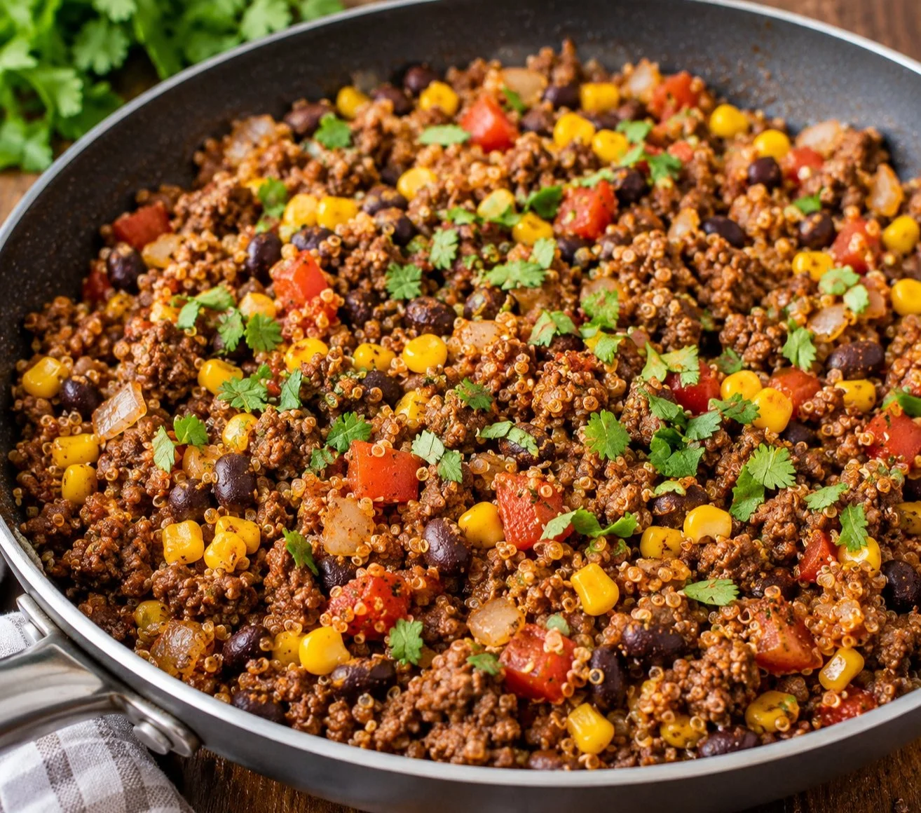 Plate of cooked ground beef high protein recipes with colorful vegetables