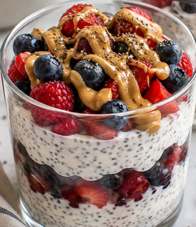 Delicious healthy high protein dessert recipe with chocolate and berries.