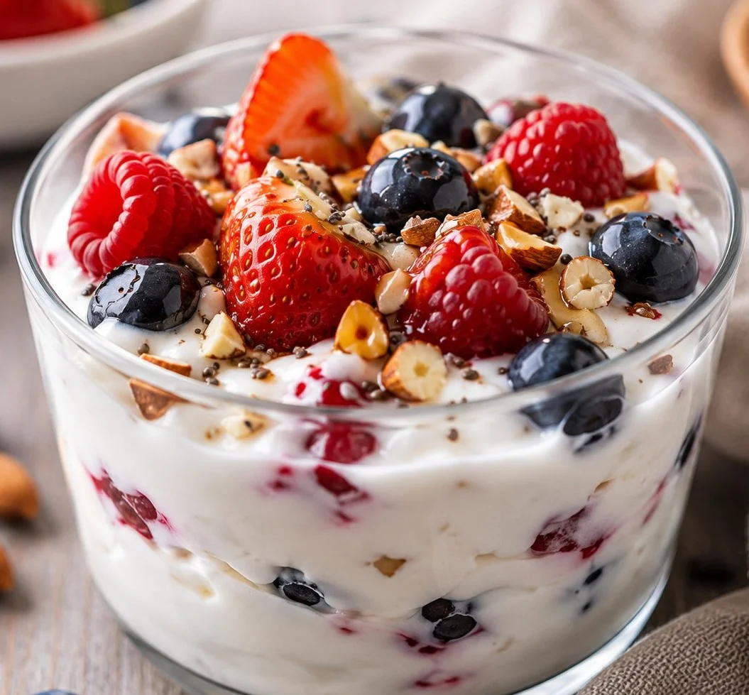 A variety of healthy low calorie desserts on a plate, including fruit and yogurt.