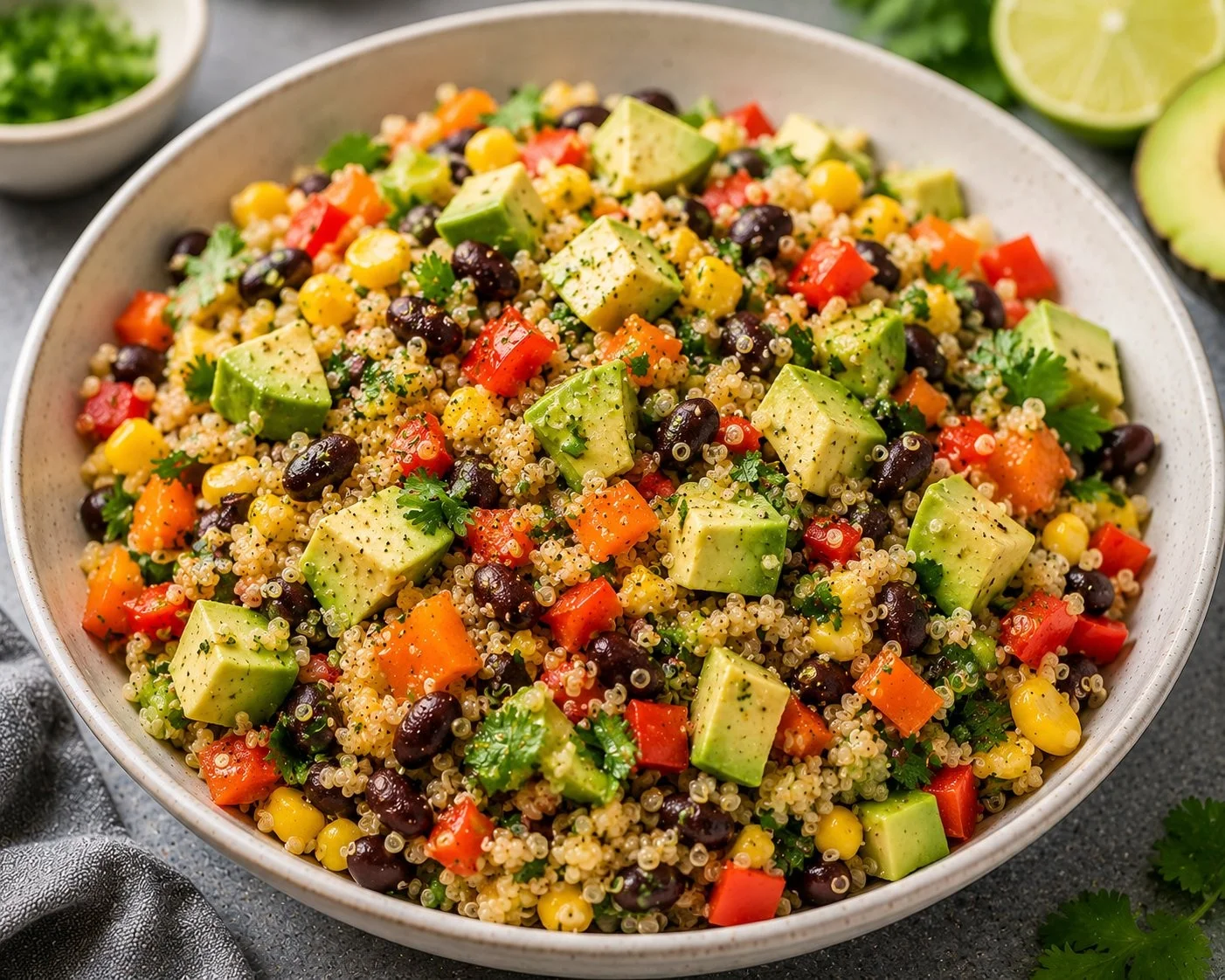 A variety of high fiber and protein recipes displayed on a kitchen counter.