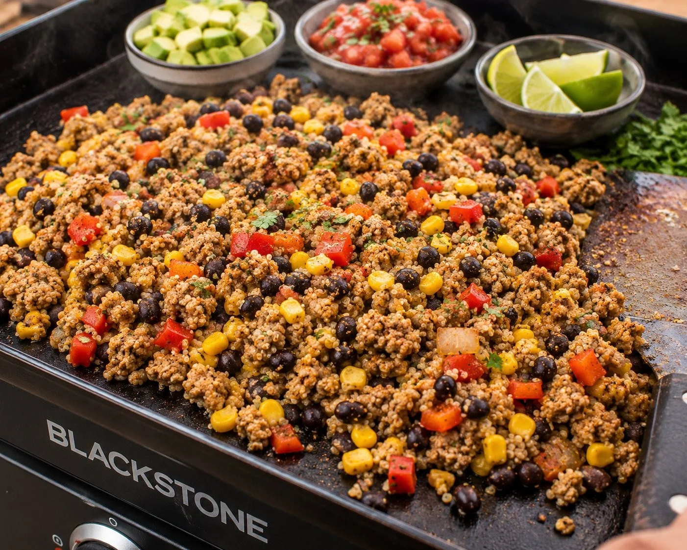 High protein Blackstone recipe featuring grilled vegetables and lean meat