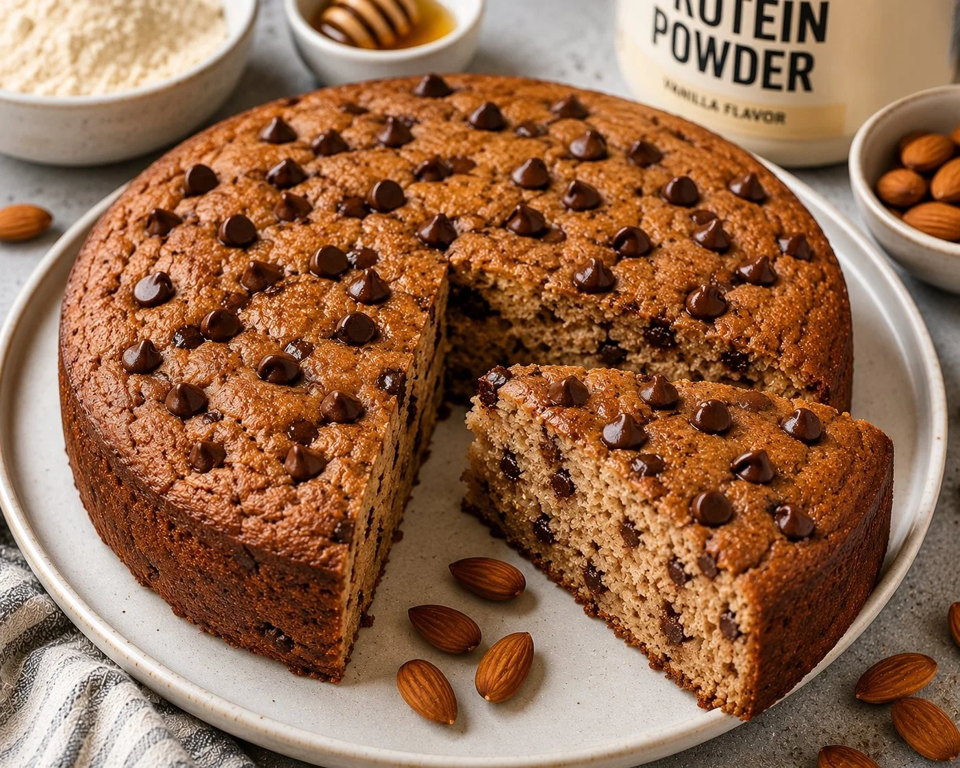Slice of high protein cake topped with berries and nuts on a white plate