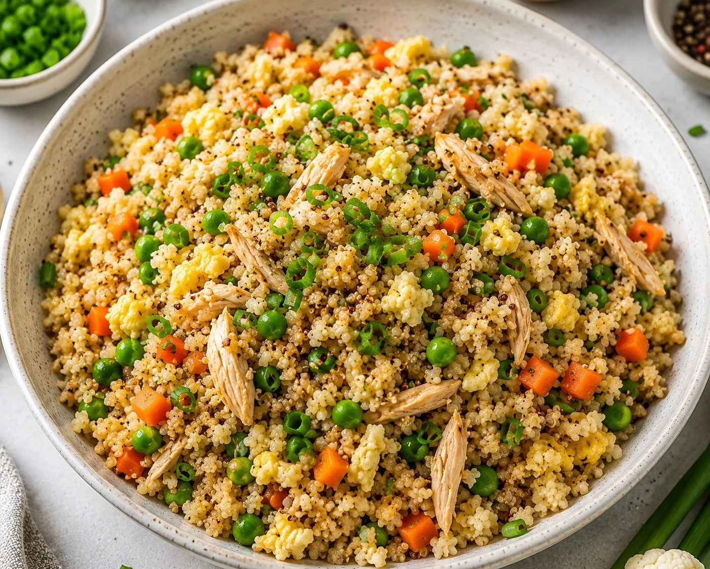 High protein cauliflower rice dish served in a bowl with herbs and spices