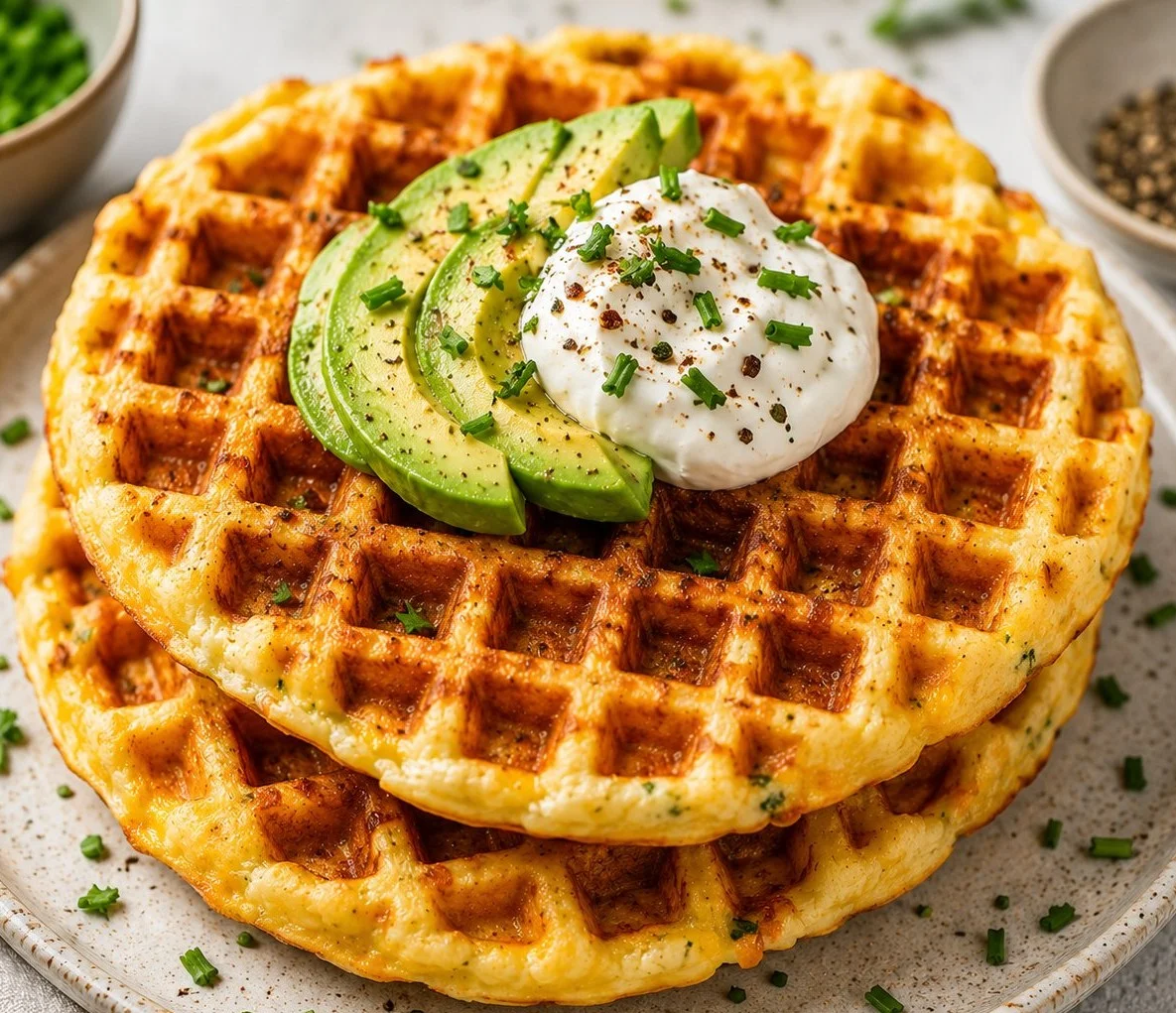 Delicious high protein chaffles served on a plate with toppings