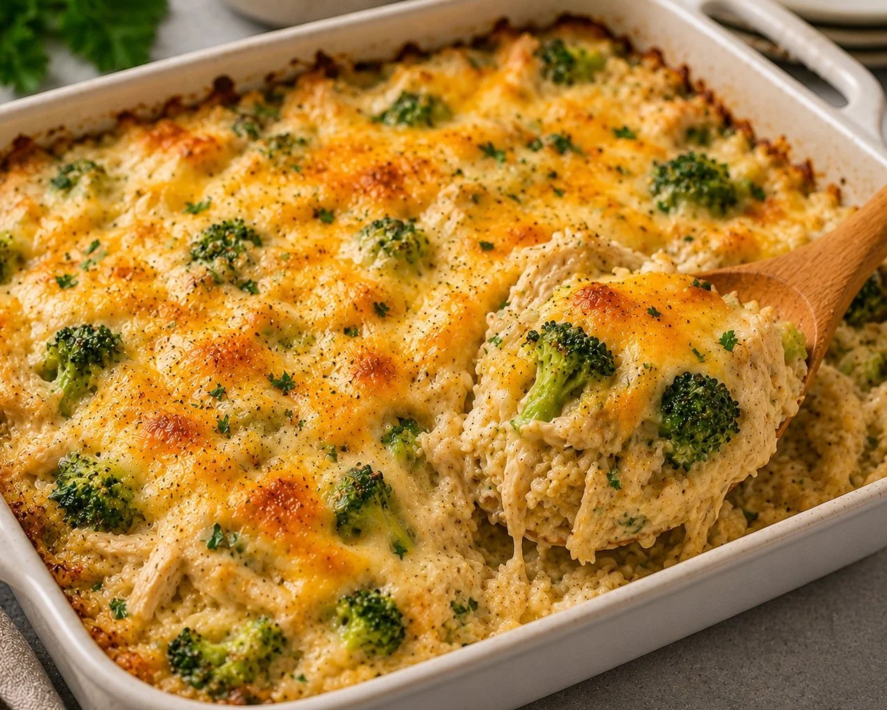 High protein chicken casserole served in a dish with vegetables