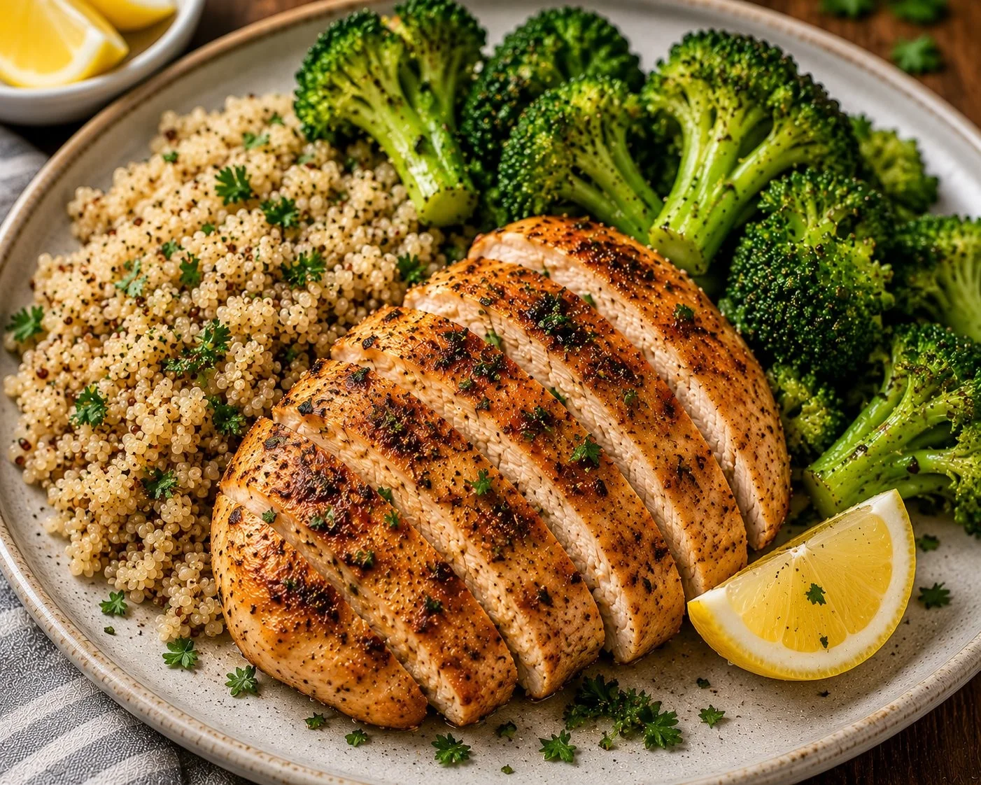 High protein chicken dinner plate with vegetables and grains
