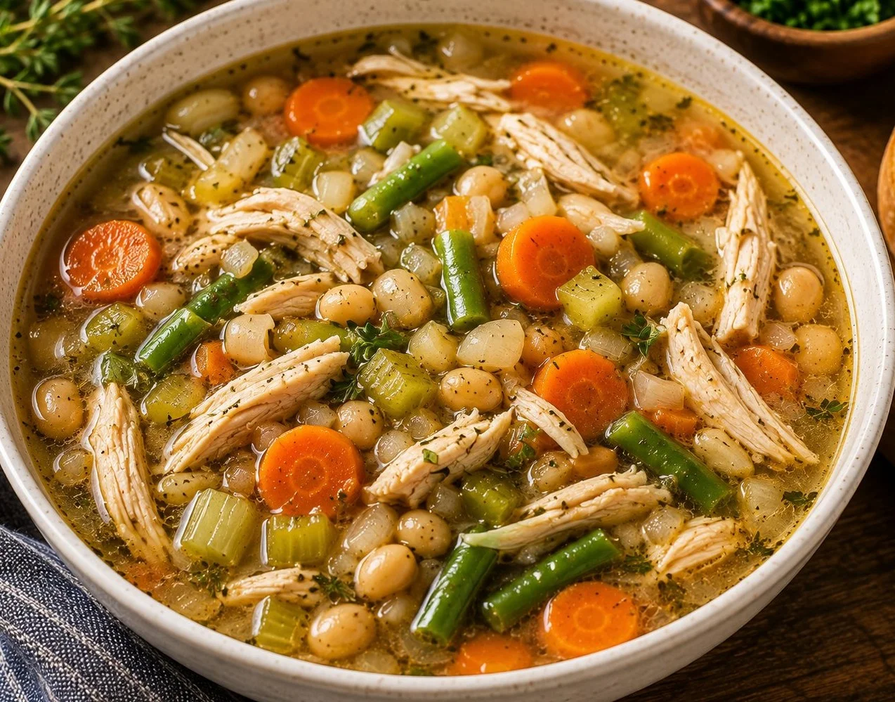 Bowl of high protein chicken soup with vegetables and herbs
