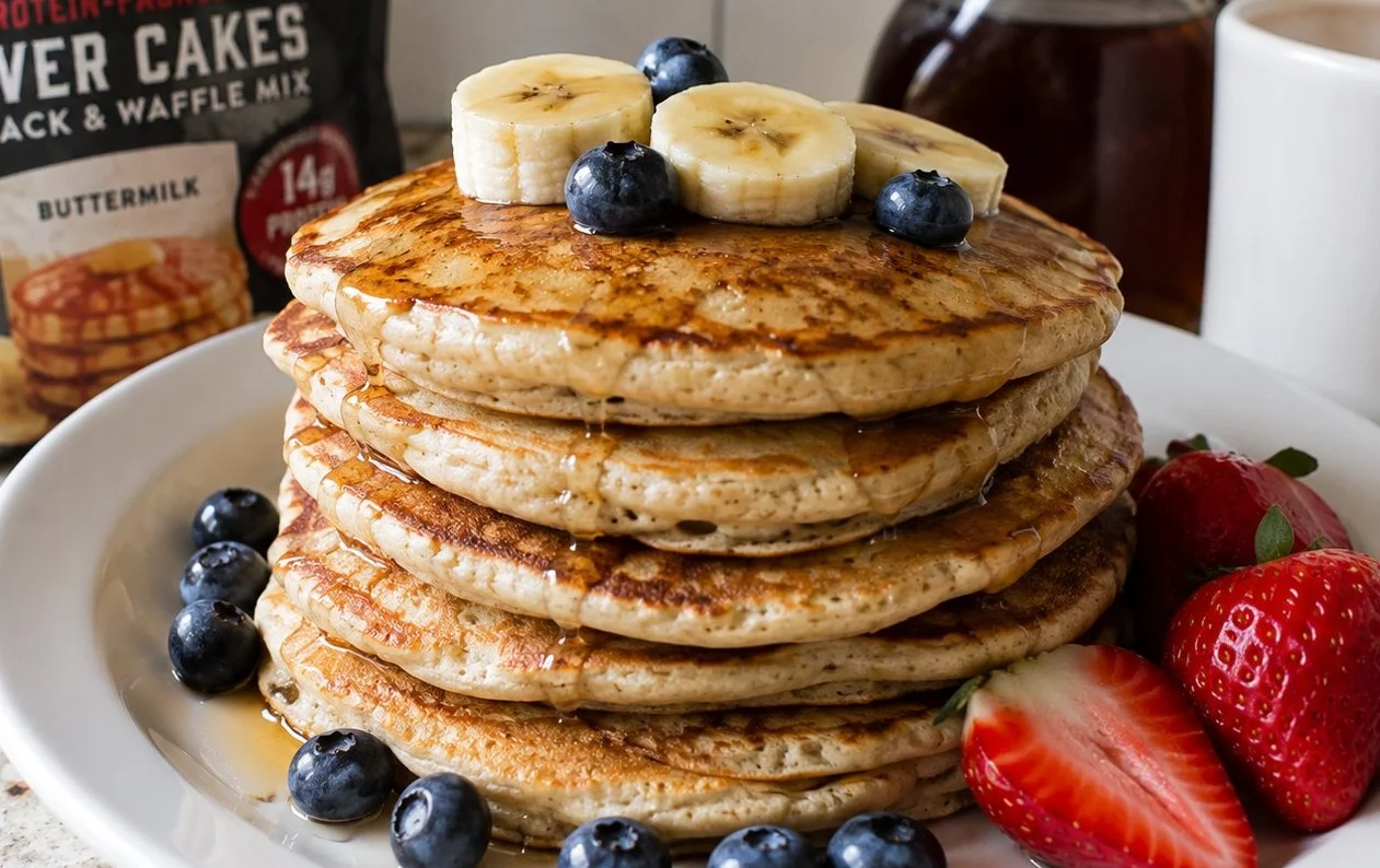 Stack of high protein Kodiak pancakes topped with fresh berries and syrup