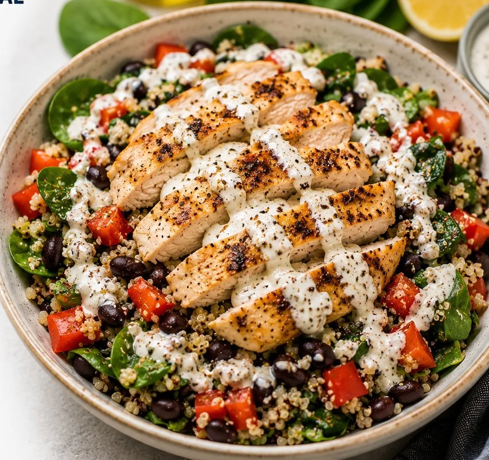 Plate of high protein low calorie meals featuring grilled chicken, quinoa, and vegetables.