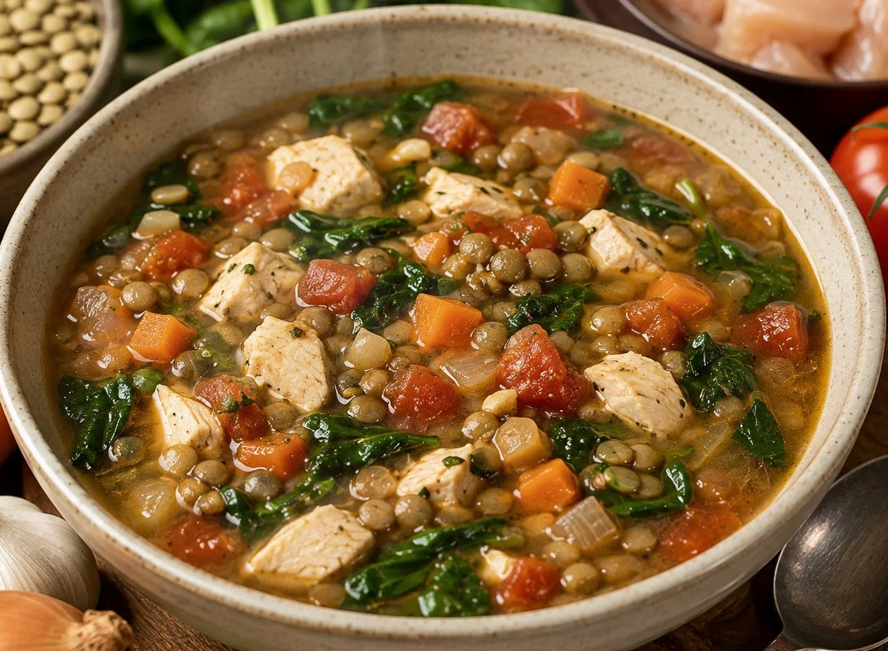 Bowl of high protein low fat soup filled with vegetables and protein-rich ingredients.