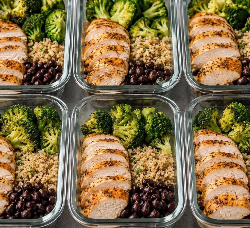 High protein meal prep containers filled with healthy meal options
