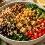 A colorful spread of high protein plant-based recipes on a rustic wooden table