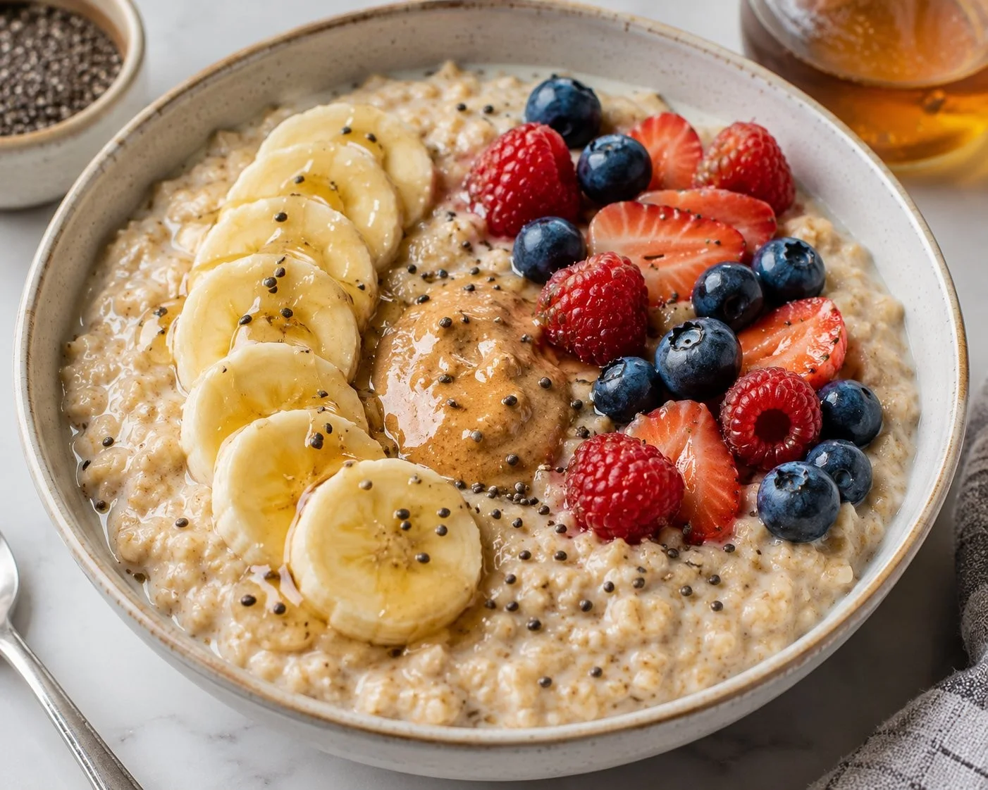 Bowl of high protein porridge topped with fresh fruits and nuts.