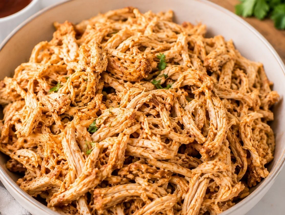 Plate of high protein shredded chicken garnished with herbs