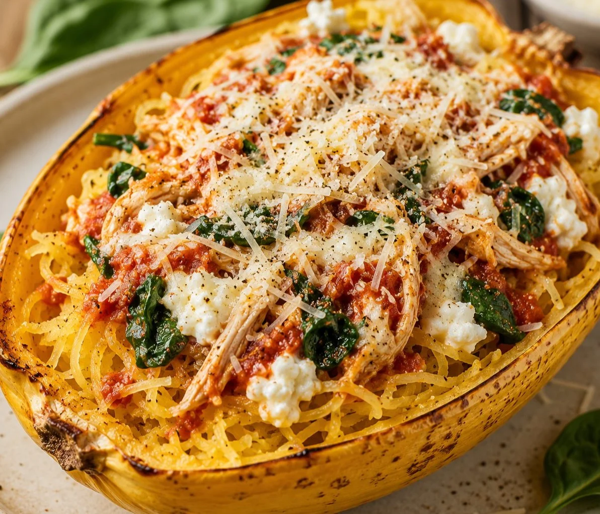 Plate of high protein spaghetti squash garnished with fresh herbs