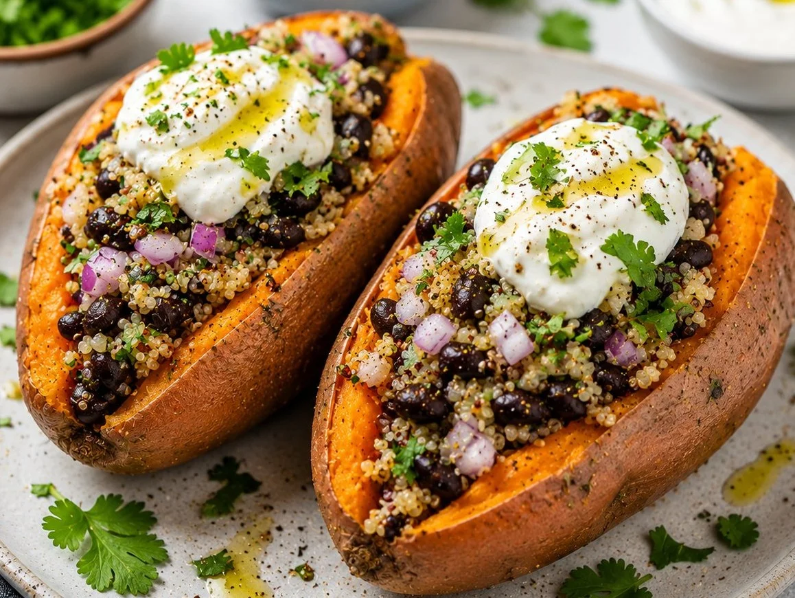 High-protein sweet potato dish served on a plate with fresh herbs.